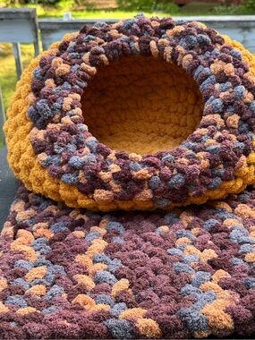 Cozy Plush Cat Cave & Mat in Mustard, Brown & Gray
